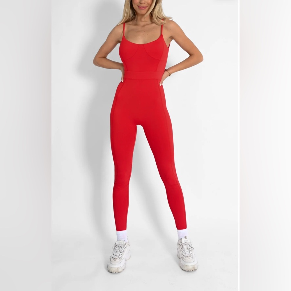 YLLW the label red mackenzie belted onesie jumpsuit NWT + Matching red headband